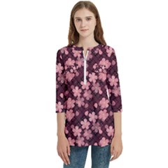 Cherry Blossoms Japanese Women s Zip Front V-neck 3/4 Sleeve Casual Top Pocket Shirt