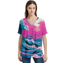 Waves Mountains Sky V-neck Split Shoulder Casual T-shirt