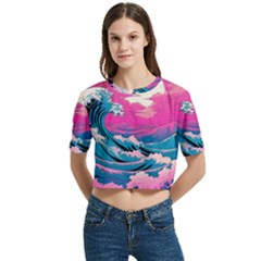 Waves Mountains Sky Women s Round Neck Short Sleeve Crop Top