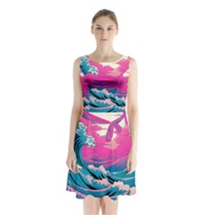 Waves Mountains Sky Sleeveless Waist Tie Chiffon Dress