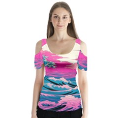 Waves Mountains Sky Butterfly Sleeve Cutout T-shirt 