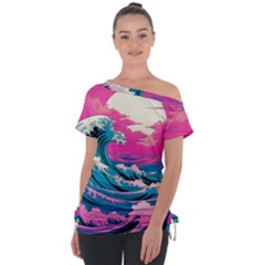 Waves Mountains Sky Off Shoulder Tie-up T-shirt