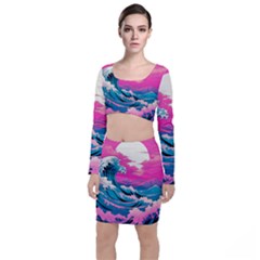 Waves Mountains Sky Long Sleeve Crop Top & Bodycon Skirt Set