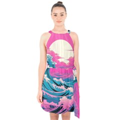 Waves Mountains Sky Halter Collar Waist Tie Chiffon Dress