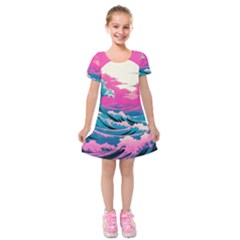 Waves Mountains Sky Kids  Short Sleeve Velvet Dress by Grandong