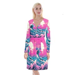 Waves Mountains Sky Long Sleeve Velvet Front Wrap Dress