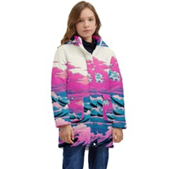 Waves Mountains Sky Kids  Hooded Longline Puffer Jacket