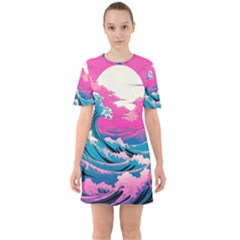 Waves Mountains Sky Sixties Short Sleeve Mini Dress