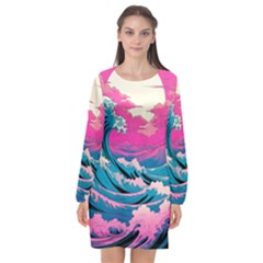 Waves Mountains Sky Long Sleeve Chiffon Shift Dress 