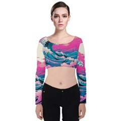 Waves Mountains Sky Velvet Long Sleeve Crop Top