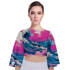 Waves Mountains Sky Tie Back Butterfly Sleeve Chiffon Top