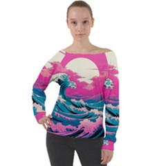 Waves Mountains Sky Off Shoulder Long Sleeve Velour Top