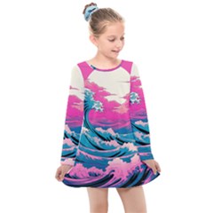 Waves Mountains Sky Kids  Long Sleeve Dress