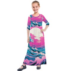 Waves Mountains Sky Kids  Quarter Sleeve Maxi Dress