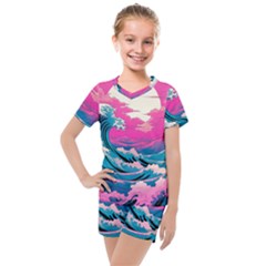 Waves Mountains Sky Kids  Mesh T-shirt And Shorts Set