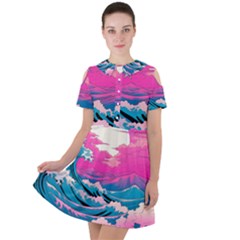 Waves Mountains Sky Short Sleeve Shoulder Cut Out Dress 