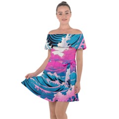 Waves Mountains Sky Off Shoulder Velour Dress