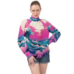 Waves Mountains Sky High Neck Long Sleeve Chiffon Top