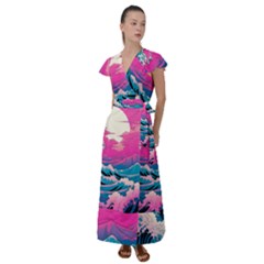 Waves Mountains Sky Flutter Sleeve Maxi Dress