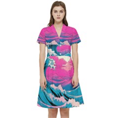 Waves Mountains Sky Short Sleeve Waist Detail Dress