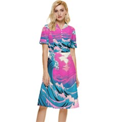 Waves Mountains Sky Button Top Knee Length Dress