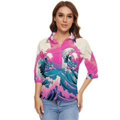 Waves Mountains Sky Women s Quarter Sleeve Pocket Shirt