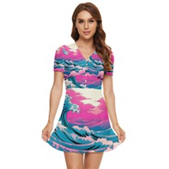 Waves Mountains Sky V-neck High Waist Chiffon Mini Dress