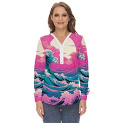 Waves Mountains Sky Zip Up Long Sleeve Blouse