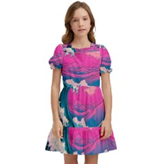 Waves Mountains Sky Kids  Puff Sleeved Dress