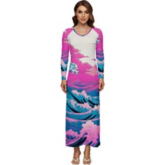 Waves Mountains Sky Long Sleeve Longline Maxi Dress