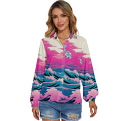 Waves Mountains Sky Women s Long Sleeve Button Up Shirt