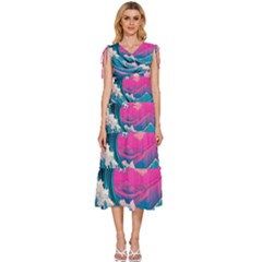 Waves Mountains Sky V-neck Drawstring Shoulder Sleeveless Maxi Dress