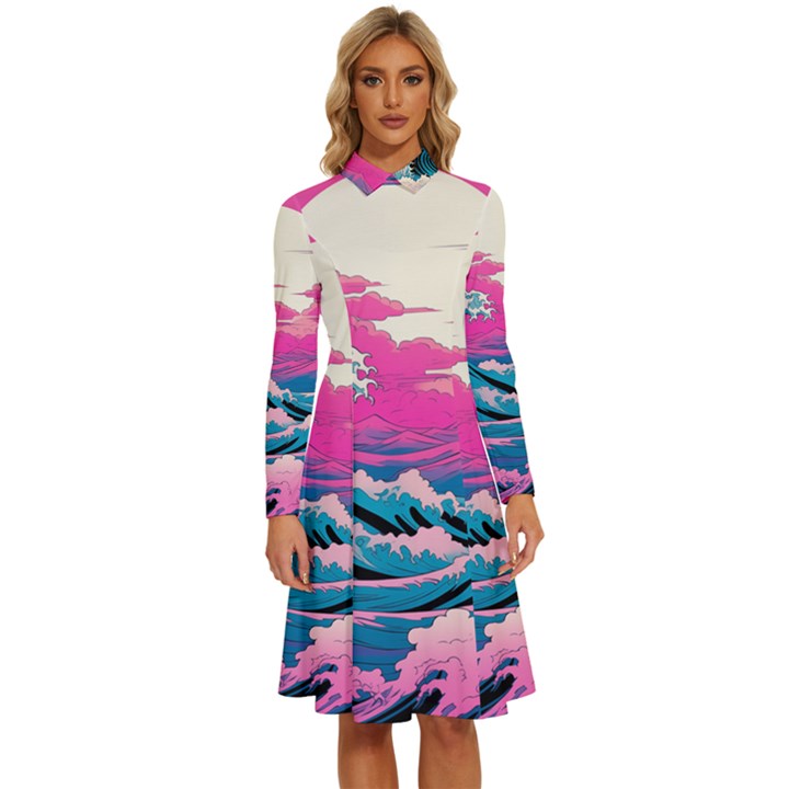 Waves Mountains Sky Long Sleeve Shirt Collar A-Line Dress