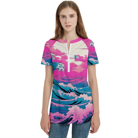 Waves Mountains Sky Women s Zip Front V-neck Short Sleeve Casual Top Pocket Shirt by Grandong