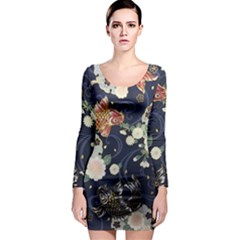 Japanese Wave Koi Illustration Pattern Long Sleeve Bodycon Dress