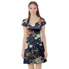 Japanese Wave Koi Illustration Pattern Short Sleeve Skater Dress