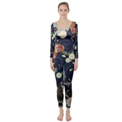 Japanese Wave Koi Illustration Pattern Long Sleeve Catsuit