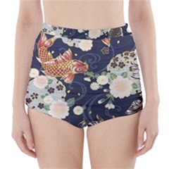 Japanese Wave Koi Illustration Pattern High-waisted Bikini Bottoms