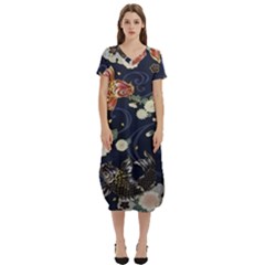 Japanese Wave Koi Illustration Pattern T-shirt Midi Dress With Pockets