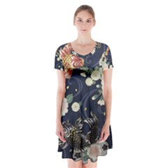 Japanese Wave Koi Illustration Pattern Short Sleeve V-neck Flare Dress