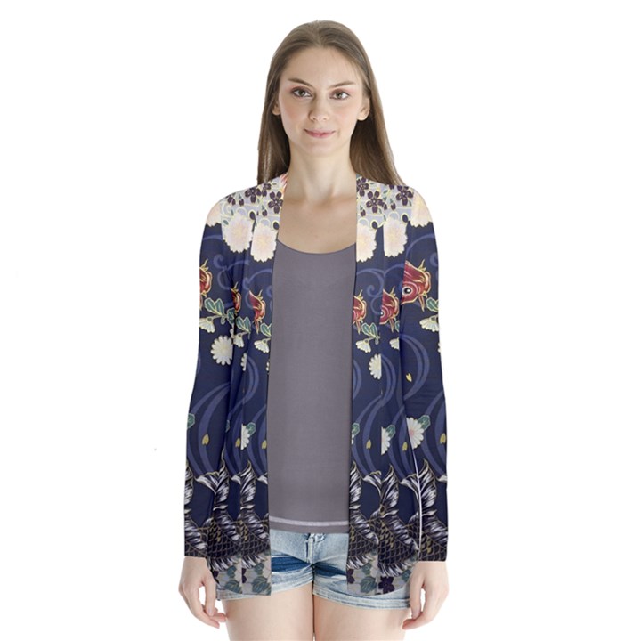 Japanese Wave Koi Illustration Pattern Drape Collar Cardigan