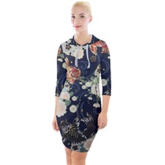 Japanese Wave Koi Illustration Pattern Quarter Sleeve Hood Bodycon Dress