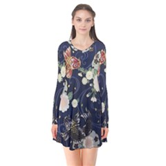 Japanese Wave Koi Illustration Pattern Long Sleeve V-neck Flare Dress