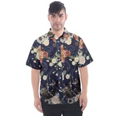 Japanese Wave Koi Illustration Pattern Men s Short Sleeve Shirt