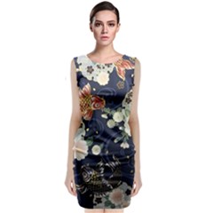 Japanese Wave Koi Illustration Pattern Sleeveless Velvet Midi Dress