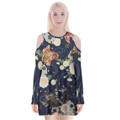 Japanese Wave Koi Illustration Pattern Velvet Long Sleeve Shoulder Cutout Dress