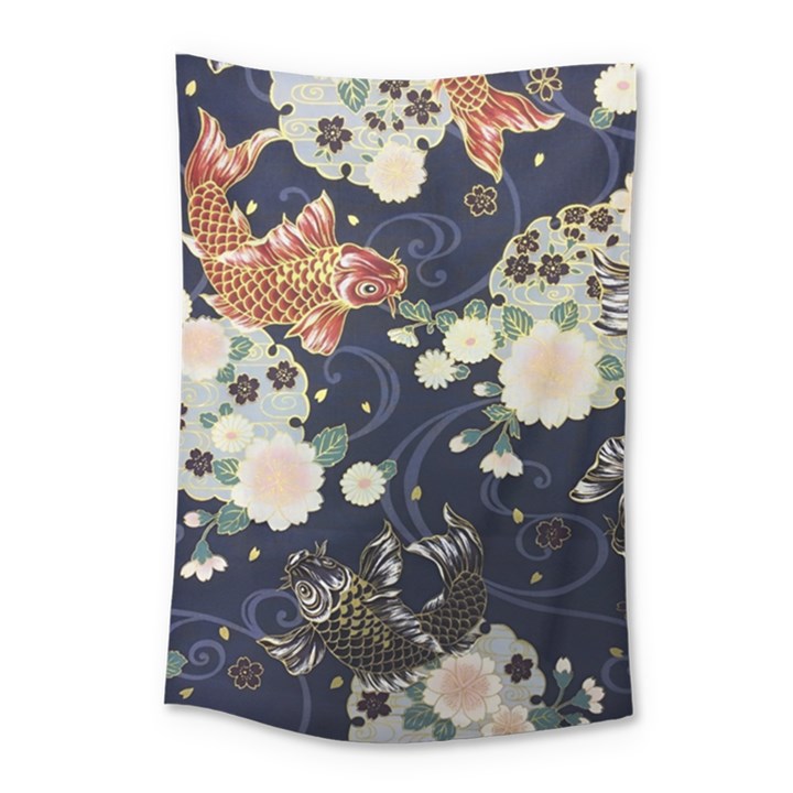 Japanese Wave Koi Illustration Pattern Small Tapestry