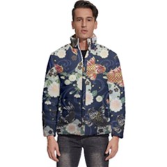 Japanese Wave Koi Illustration Pattern Men s Puffer Bubble Jacket Coat