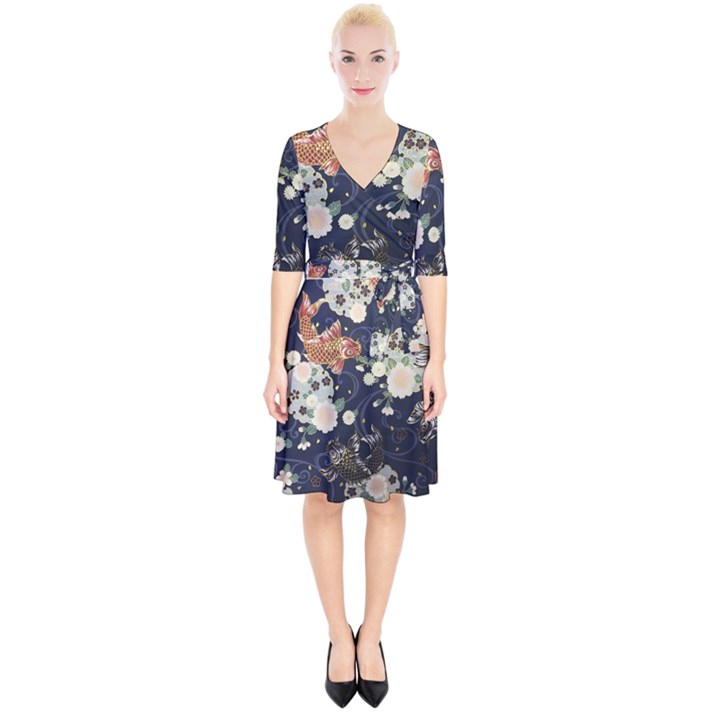 Japanese Wave Koi Illustration Pattern Wrap Up Cocktail Dress