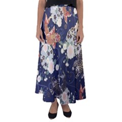 Japanese Wave Koi Illustration Pattern Flared Maxi Skirt